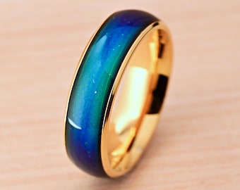 Mood Ring, 18K Plated Gold Stainless Steel 6mm Dome Mood Stone Inlay Ring, Women&#39;s Mood Ring, Changing Color Ring, Personalized Gift for Her