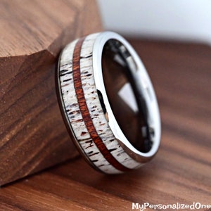 Unique Ring - Thin Whiskey Barrel Wood & Deer Antler Inlay - 8mm Tungsten Carbide Wedding Band - Personalized Engraved Gift - Comfort Fit