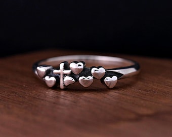 Dainty Cross and Hearts Christians Symbol Ring, 925 Sterling Silver Christian Faith Statement Ring, Personalized Engrave Anniversary Gift