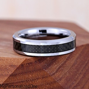 6MM Men&#39;s Black Carbon Fiber Inlay Tungsten Wedding Band Ring, Unique Ring, Personalized Engraved Promise Ring for Him, Engagement Ring Gift