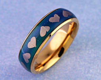 Mood Ring, 18K Plated Gold Stainless Steel 6mm Dome Mood Stone Heart Pattern Inlay Ring, Women&#39;s Mood Changing Color Ring, Personalized Gift