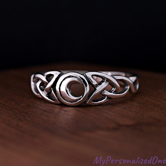 Crescent Moon Circle Triquetra Knot Celtic Celestial Ring, Solid 925 Sterling Silver Engagement Promise Ring, Personalized Engrave Gift