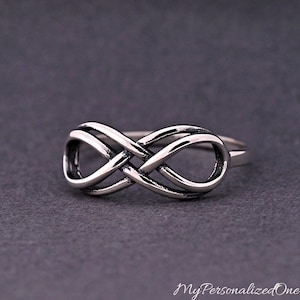 May include: A silver-colored ring featuring an infinity symbol design. The ring's band is thin, and the infinity symbol is the focal point, with a woven appearance. The ring is set against a dark gray background.