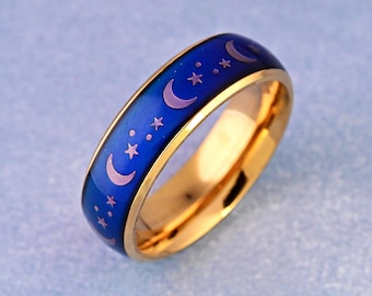 18K Plated Gold Stainless Steel 6mm Dome Mood Stone Celestial Crescent Moon Stars Pattern Inlay Ring, Women&#39;s Changing Color Ring, Gift