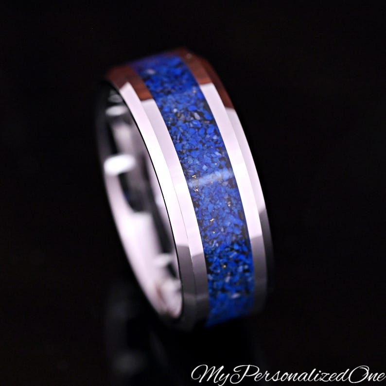 8mm Tungsten Wedding Band - Blue Lapis Lazuli Stone Inlay Ring for Men ...
