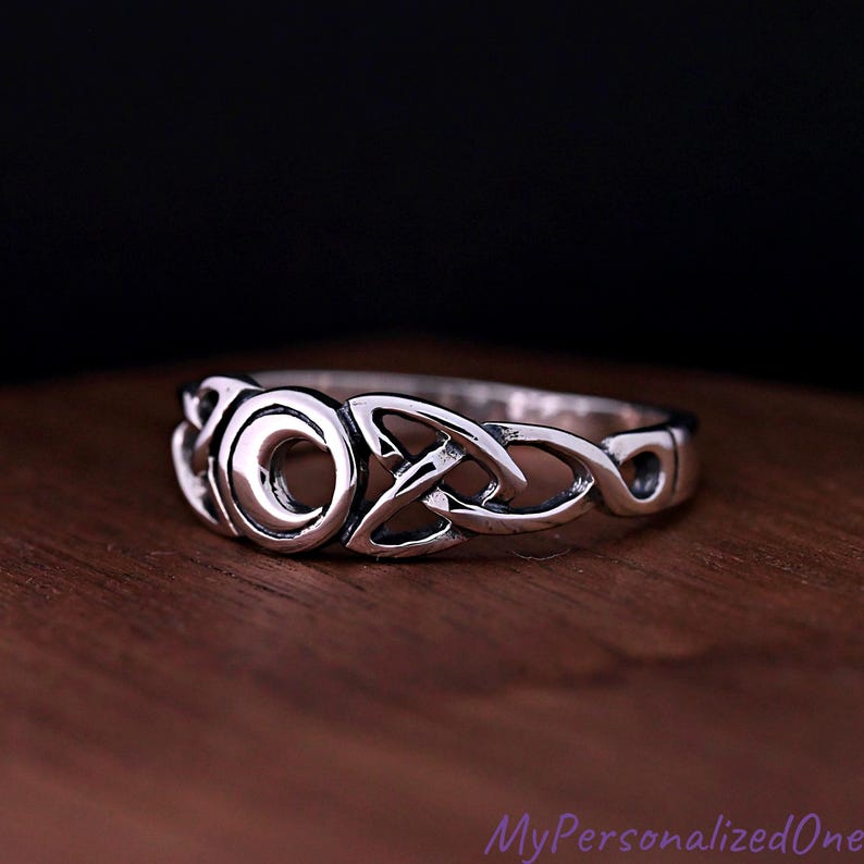 Crescent Moon Circle Triquetra Knot Celtic Celestial Ring, Solid 925 Sterling Silver Engagement Promise Ring, Personalized Engrave Gift image 3