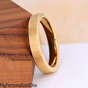 4mm Thin Brushed Gold Tungsten Wedding Band - Pipe Cut Gold Plated Ring, Mens & Womens Minimalist Comfort Fit Band, Anniversary Gift Ring