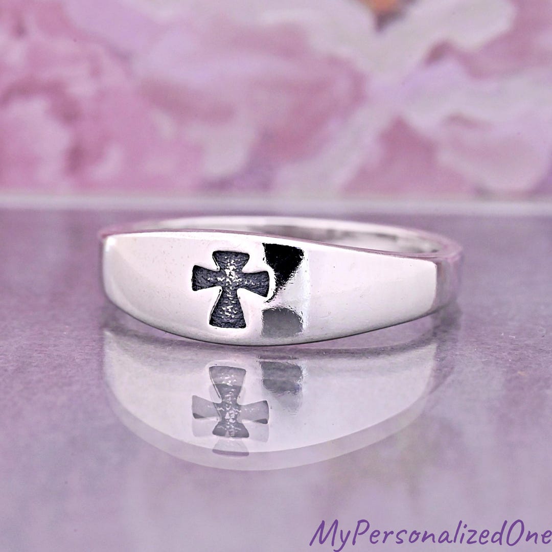 Minimalist Cross Engraved Center Ring, Custom Personalized 925 Sterling ...