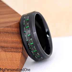 8mm Black Tungsten Wedding Band - Green & Black Carbon Fiber Inlay Ring, Mens Engagement Band, Comfort Fit, Modern Anniversary Jewelry
