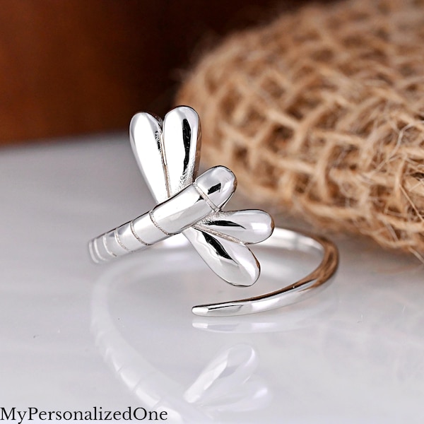Dainty Dragonfly Open Adjustable Ring, Solid 925 Sterling Silver Custom Engrave Jewelry, Thumb Ring, Nature Inspired, Girl's Women's Ring