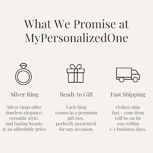 May include: An informational graphic titled What We Promise at MyPersonalizedOne. It features three black line icons: a ring, a gift box, and a delivery truck. Below each icon are the headings Silver Ring, Ready to Gift, and Fast Shipping.