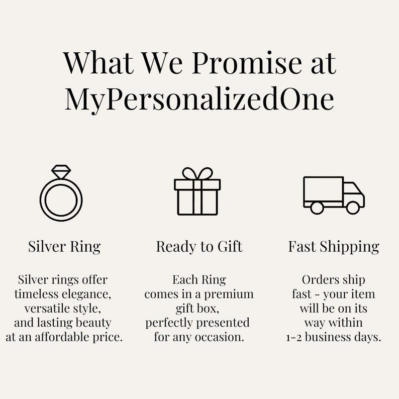 May include: An informational graphic titled What We Promise at MyPersonalizedOne. It features three black line icons: a ring, a gift box, and a delivery truck. Below each icon are the headings Silver Ring, Ready to Gift, and Fast Shipping.