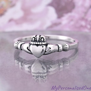 Solid 925 Sterling Silver Irish Celtic Claddagh Ring, Custom Personalized Engraved, Womens Girls Friend Promise Ring, Gift, Vintage Style