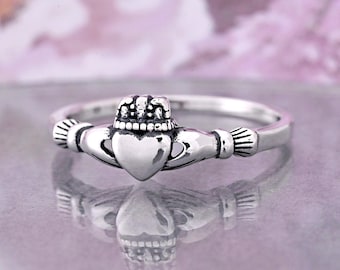 Solid 925 Sterling Silver Irish Celtic Claddagh Ring, Custom Personalized Engraved, Womens Girls Friend Promise Ring, Gift, Vintage Style