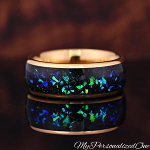 8mm Yellow Gold Tungsten Wedding Band Men&#39;s Blue Opal & Abalone Inlay Dome Ring, Nebula Galaxy Space Inspired Ring for Him, Personalized