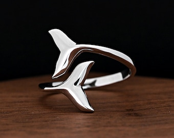 Solid 925 Sterling Silver Whale Tail Ring · Adjustable Open Thumb Band · Personalized Engrave Gift