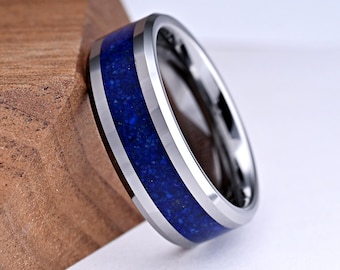 Lapis Lazuli Blue Rock Inlay Tungsten Wedding Band, Unique Stone Engagement Ring, Free Laser Engraving Personalized Men's Gift, Comfort Fit