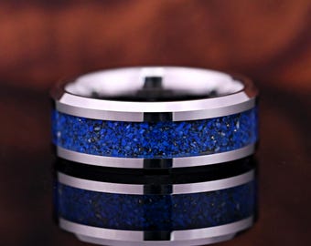 8mm Tungsten Wedding Band - Blue Lapis Lazuli Stone Inlay Ring for Men, Comfort Fit Gemstone Jewelry, Personalized Engraved Gift, Men's Ring