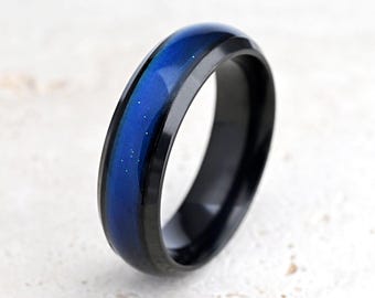 Stainless Steel Mood Ring · 6mm Black Gold Plain Band · Custom Engraved Personalized Ring · Color Changing Ring for Men and Women