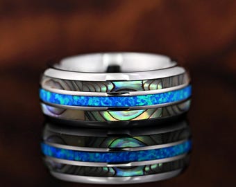 8mm Blue Opal & Abalone Shell Tungsten Wedding Band - Dome Ring for Men, Ocean Inspired Comfort Fit Jewelry, Personalized Engraved Gift