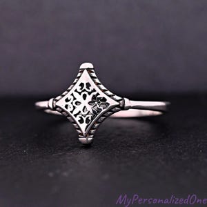 Rhombus Shape Filigree Ring, Vintage Style 925 Sterling Silver, Women's Boho Cut Out Jewelry, Dainty Personalized Engrave Gift