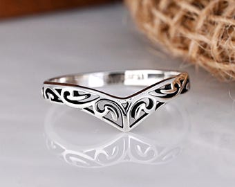 925 Sterling Silver V Shape Ring · Filigree Thumb Midi Ring · Minimalist Vintage Ring · Personalized Engrave Gift