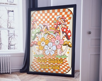 Retro Flower Print Groovy Vintage Wall Art 70s Style Poster Trendy Good Things Take Time Print Funy Mushroom Printable Hippie Wall Decor