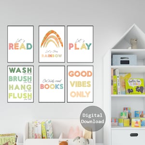 Kids Playroom Digital Art Set Of 6 | Bathroom Wall Print | Wash Your Hands | Toddler Rainbow Art | Bedroom Decor | Good Vibes Only Prints