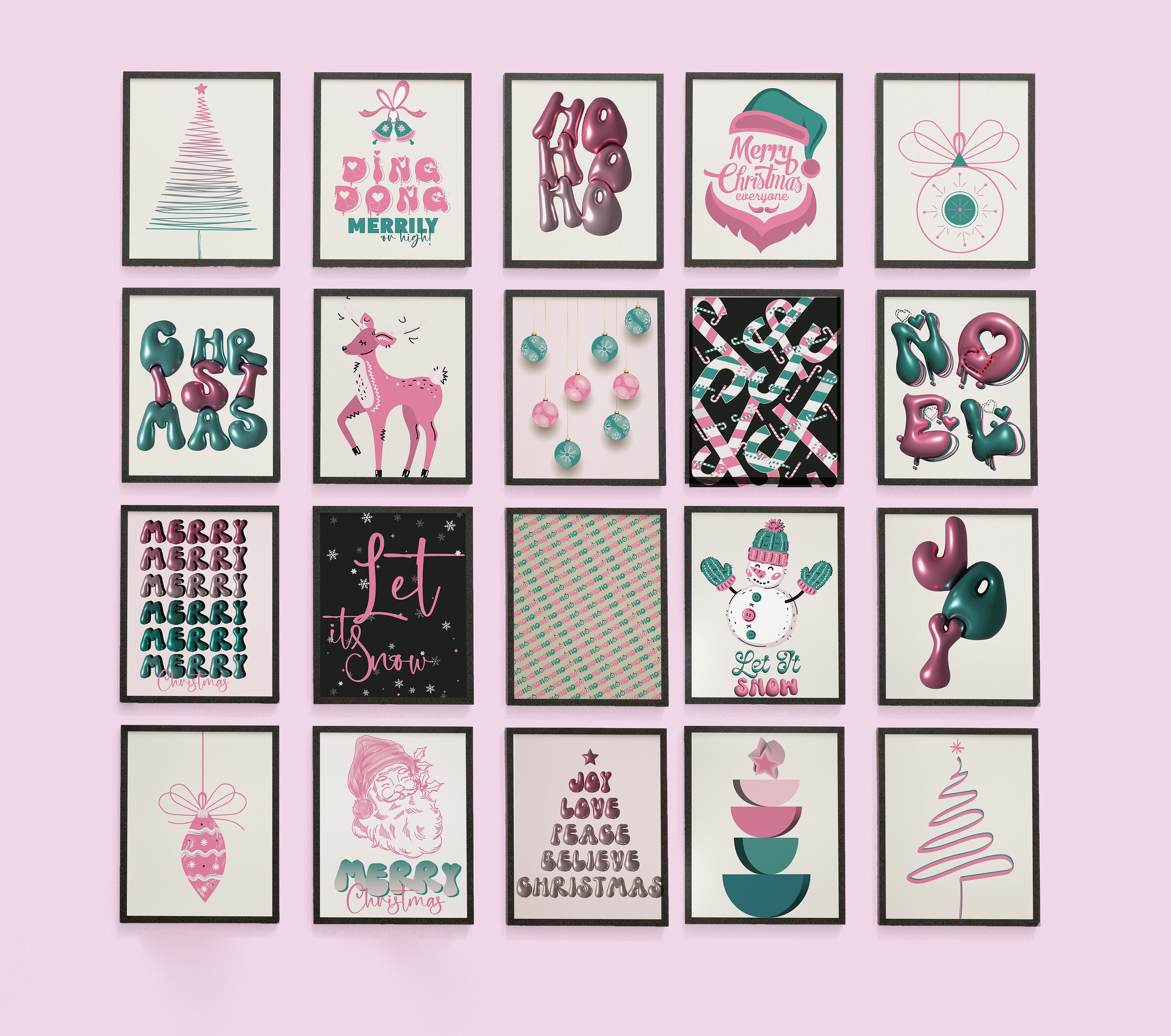 Pink Christmas Digital Download Set of 25 Wall Print, Merry Christmas Decor, Colorful Christmas ...