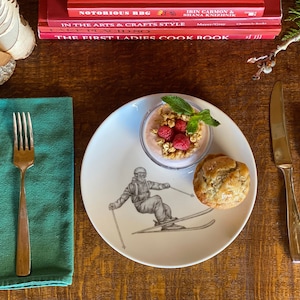 Ski Plates Tableware | Original Skiers Drawings | Downhill Ski, Cross Country Skiing, Freestyle Skiing, Ski Jump, Apres Ski, Mountain Lodge