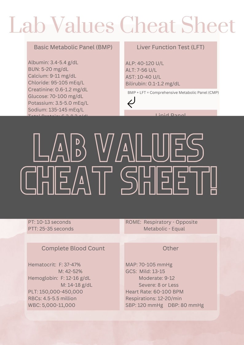 Mtabolic Reference Ranges Lab Values Cheat Sheet - Etsy