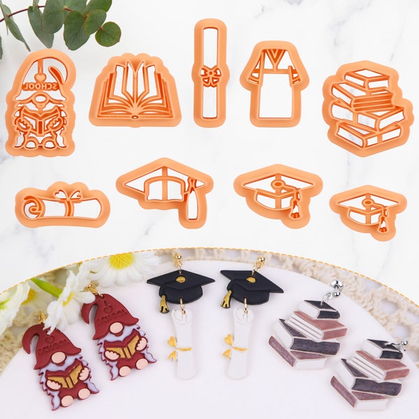 School Polymer Clay Cutters | Books Clay Earring Cutters | Square Academic Cap Clay Cutter | Degree Uniform Clay Cutters | 9 Cutter Shapes