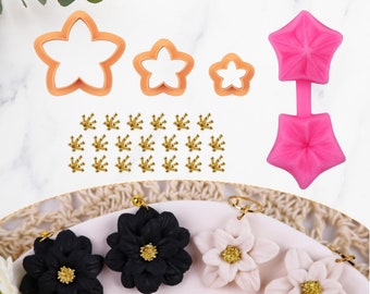 Flower Clay Mold and Cutters Set | 3 Pcs Flower Clay Cutters for Earring Making | Petal Clay Molds | 20 Pcs Brass Charms | Clay Tools