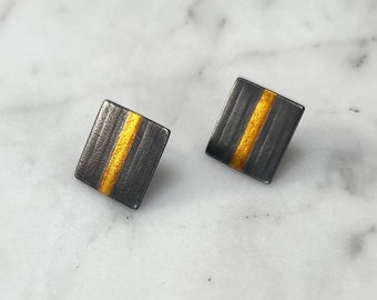 Oxidized Silver Square Stud Earrings with 24K Gold Keum Boo Band