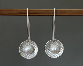 Sterling Silver Textured Dome Dangle Earrings with Fresh Water Pearls