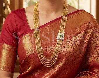 Collar largo tipo haram con cadena dorada en capas y colgante de Lakshmi. Joyería nupcial del sur de la India. Regalo étnico para bodas.