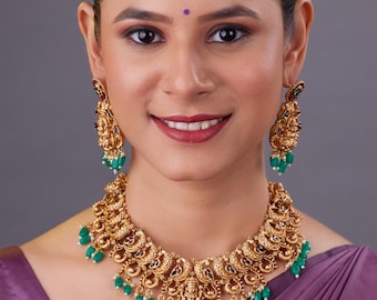 Antique Lakshmi Temple Necklace South Indian Bridal Jewelry Green Bead Ethnic Wedding Haram Traditional Goddess Set