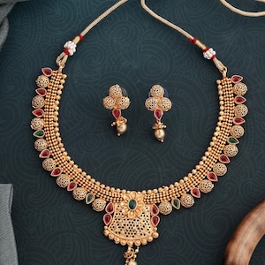 Ruby Kemp Temple Necklace: 24K Gold-Plated South Indian Bridal Jewelry