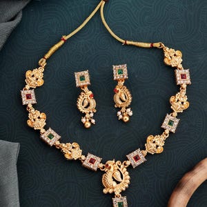 Gold Plated Indian Choker Set: Peacock, Pearl, Temple Jewelry