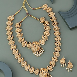 Gold Plated 1gm peacock Choker Ethnic Temple Necklace Set Kundan Necklace Set South Indian Jewellery Antique Gold Necklace Kundan Polki Set