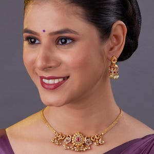 Gold Plated 1gm peacock Choker Ethnic Temple Necklace Set South Indian Jewellery Choker Necklace & Jhumka Earring Indian Jewelry Set