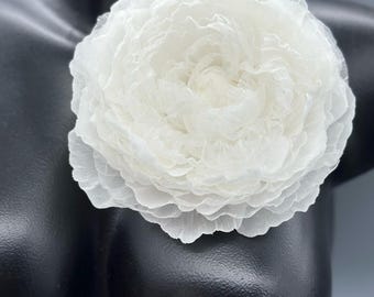 Handmade White Silk Peony Brooch: Elegant Floral Pin with Leather Back