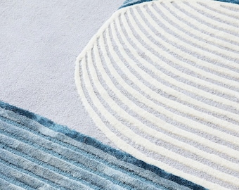Hand Tufted Modern Abstract Rug, Minimalist Wool Area Rug, Contemporary Geometric Carpet, Neutral Blue Cream Rug, Designer Living Room Rug