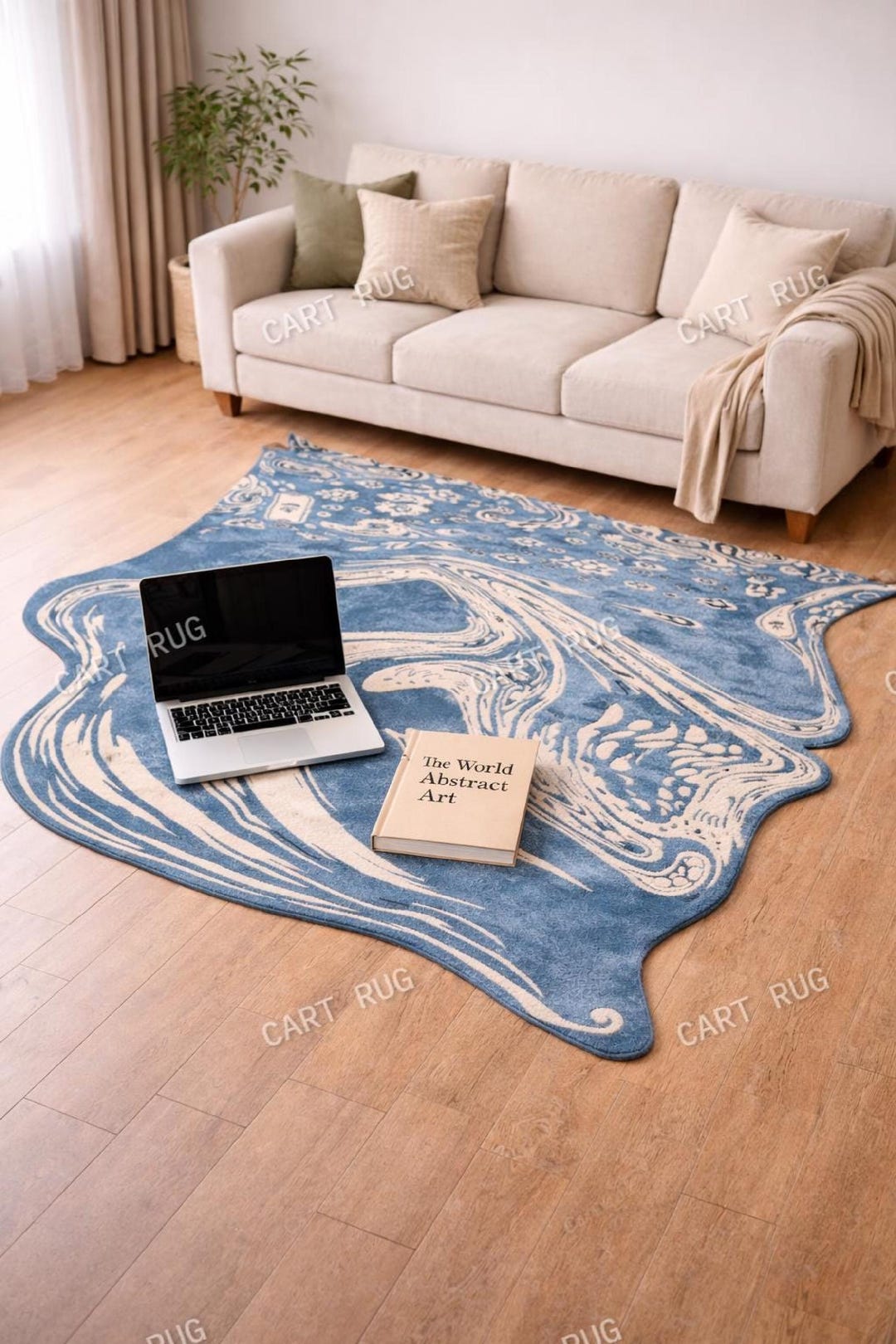 Abstract Blue & Ivory Wave Area Rug | Modern Irregular Shape Rug ...