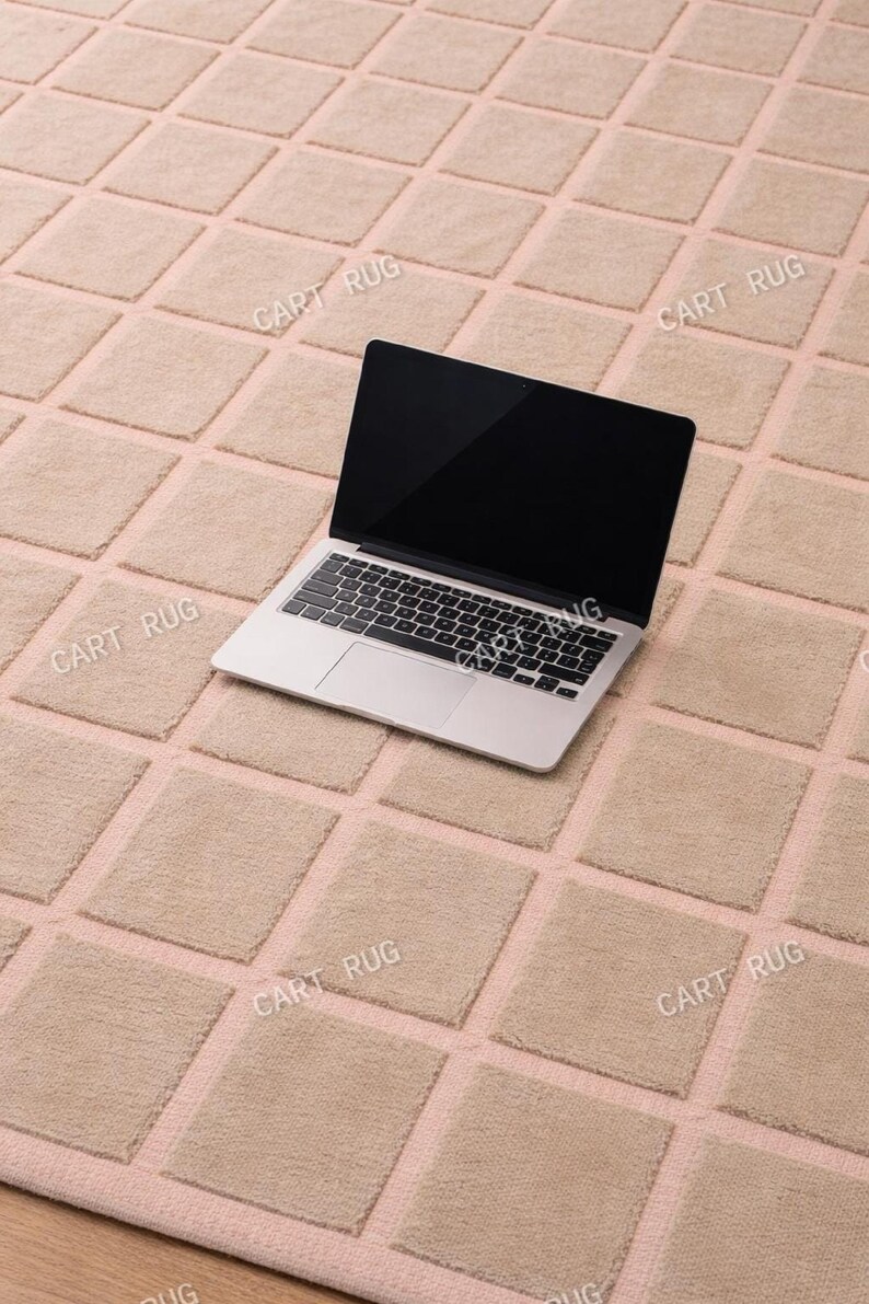Pink Grid Wool Rug | Modern Checkered Rug, Handmade Living Room Rug ...