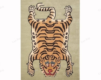 Tiger Rug Wool: Hand Tufted Brown Animal Rug, Hand Tufted Wool  Washable Geometric Accent
