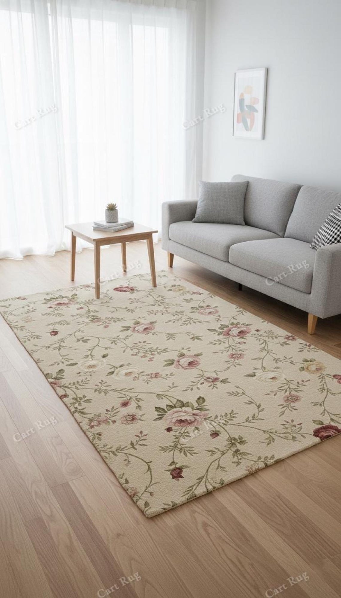 Vintage Rose Flower Pattern Rug, Hand Tufted Floral Area Rug, Beige ...