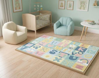Hand Tufted Alphabet Rug | ABC Kids Rug | Nursery Room Decor | Educational Playroom Rug | Pastel Tufted Carpet
