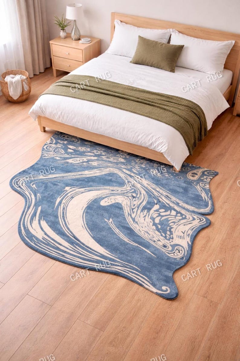 Abstract Blue & Ivory Wave Area Rug | Modern Irregular Shape Rug ...