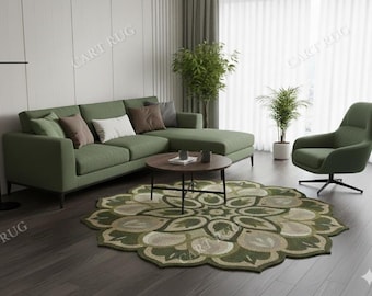 Rangoli Green And Beige Floral Hand Tufted Wool Rug, Made to order in any size! Oval Rug